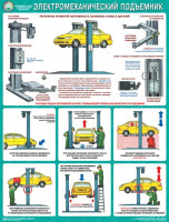 Плакат "Безопасность работ в авторемонтной мастерской. Электромеханический подъемник"