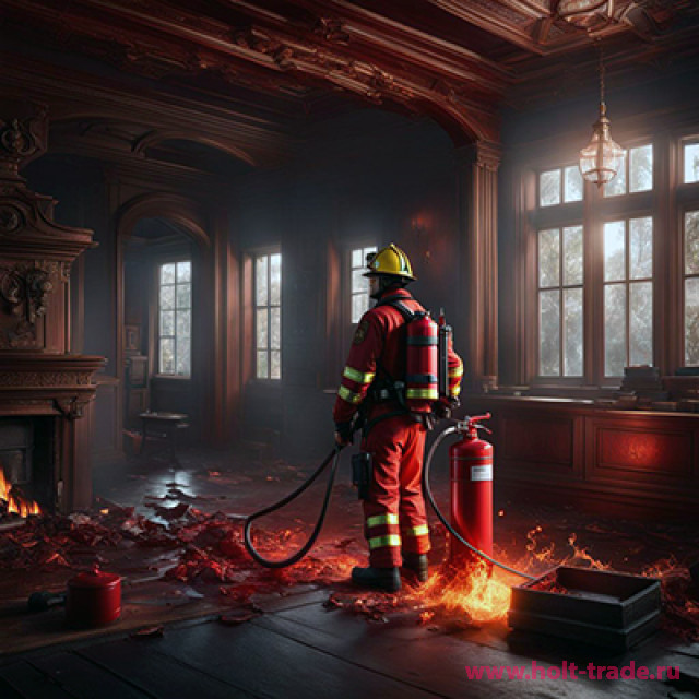 пожарный тушит углекислотным огнетушителем возгорание в доме